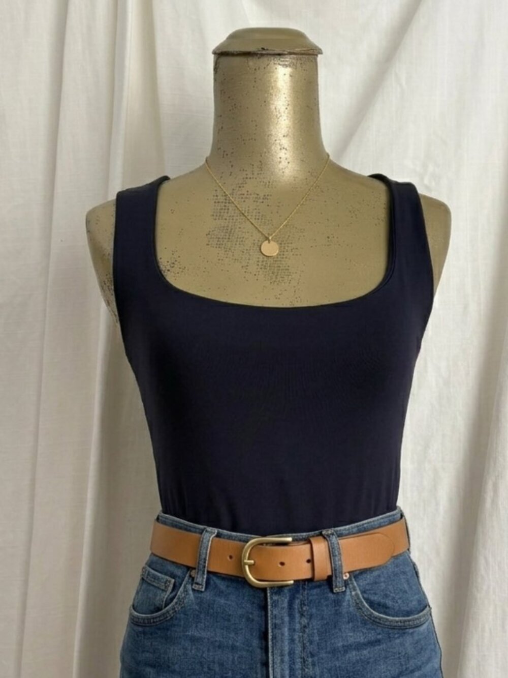 Zara W/B Collection Navy Blue Fitted Square Neck Tank Top S Second Skin Basic